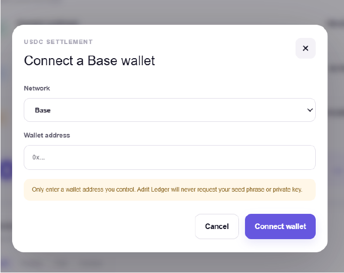 Adrit Ledger Base wallet settlement interface from the client proposal